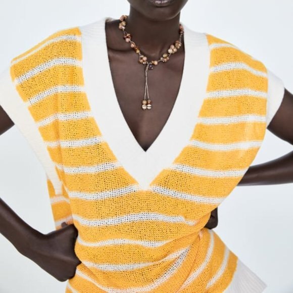 Yellow and White Striped Zara V-Neck Sleeveless Knit Sweater (NWT) - Picture 2 of 9